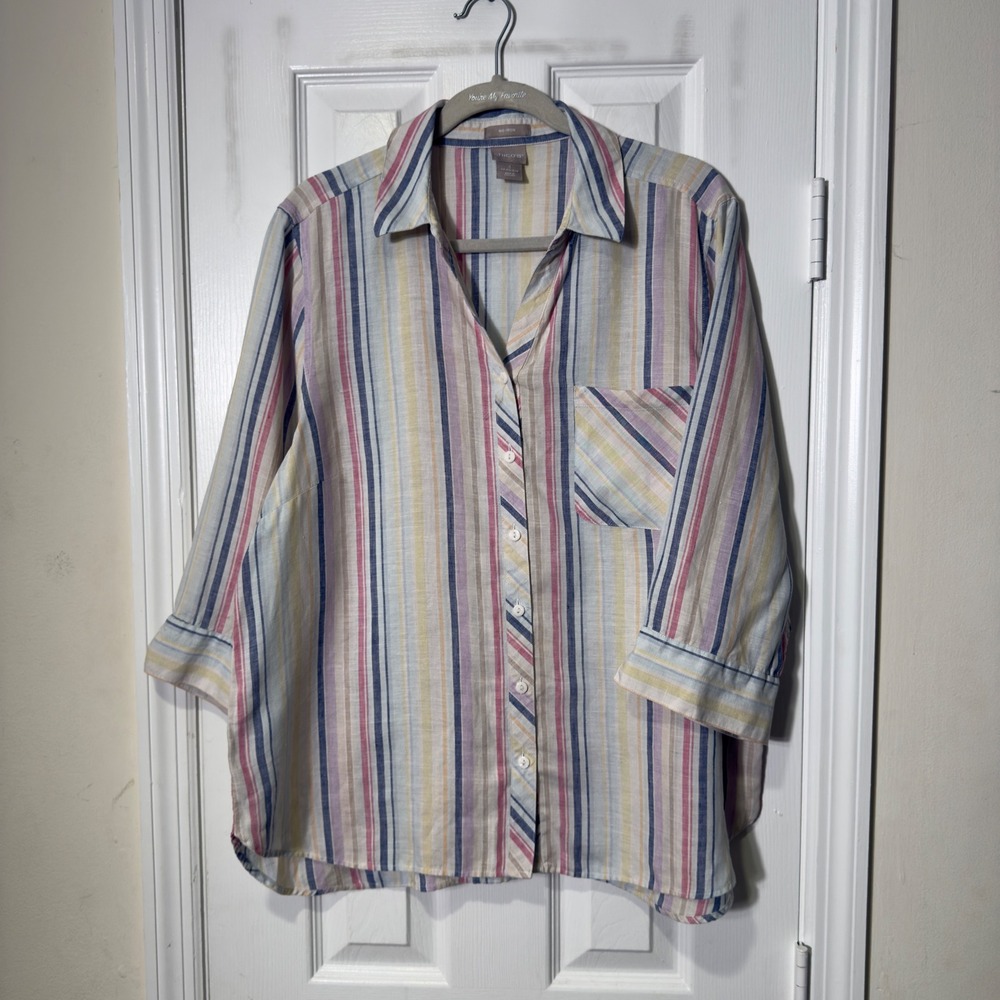 Chico's No Iron 100% Linen Pastel Stripe Button Down‎ Shirt Size 3 XL